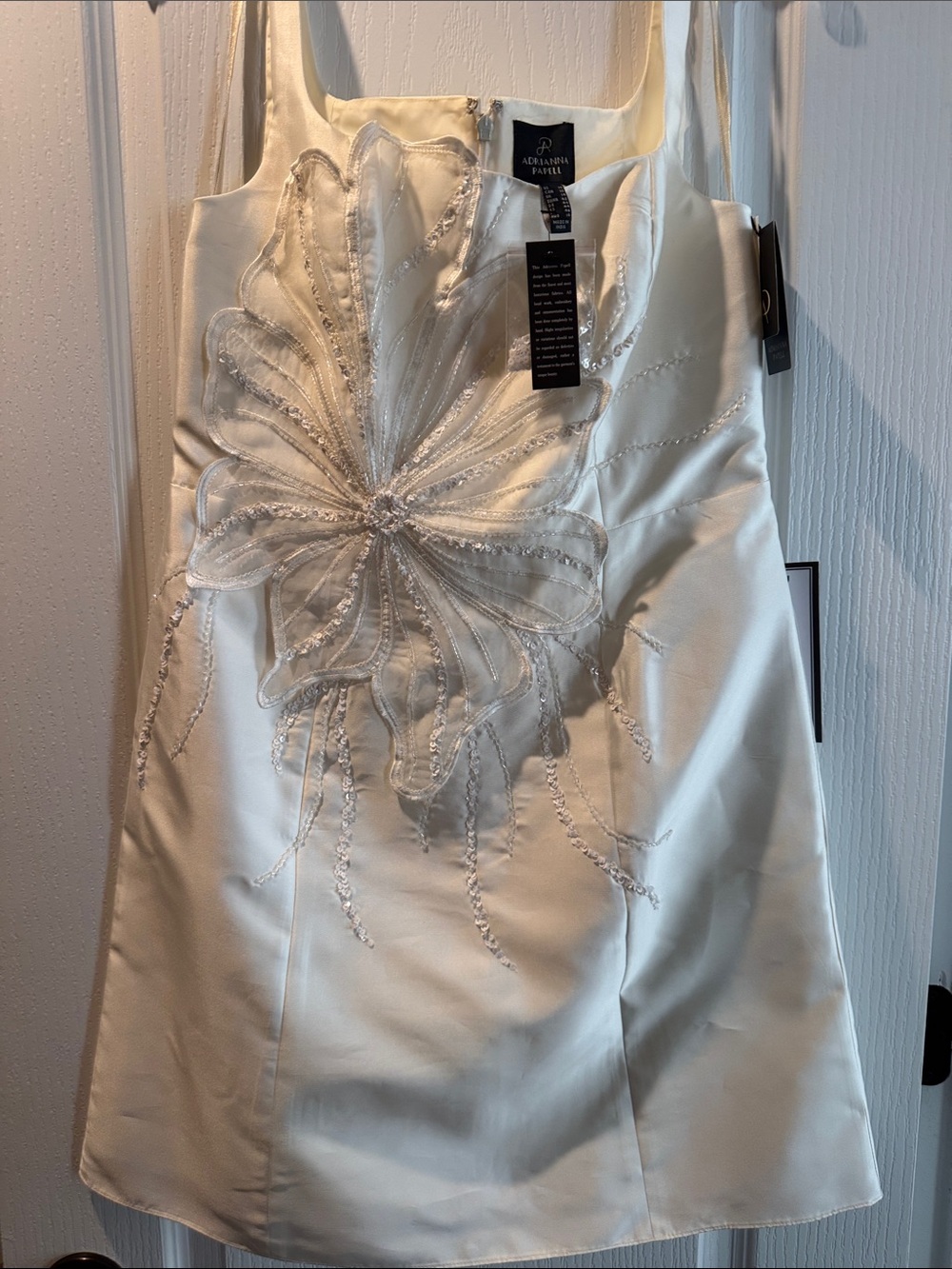 Adrianna Papell Ivory Satin Mini Dress with Floral Appliqué